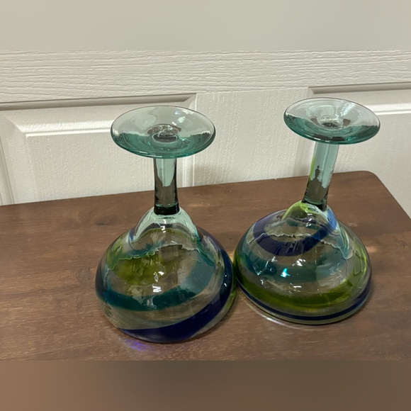 16Oz Hand Blown Margarita Glasses Blue Green Swirls Set of 2 Made in Mexico - Picture 2 of 13